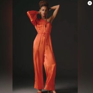 Farm Rio x Anthropologie One-Shoulder Satin Jumpsuit – Orange – Size XS